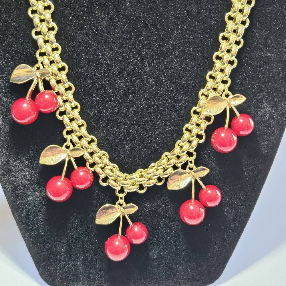 Gold Tone Dangling Red Cherries Chunky Statement Necklace 17.5-19.5"